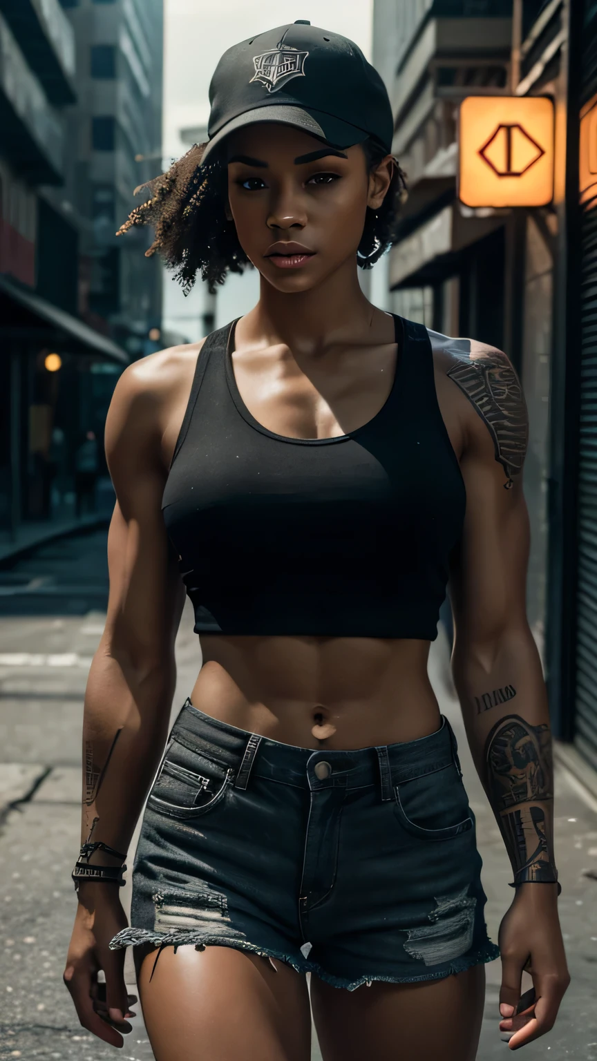 a girl with light skin, muscular build, tattoos, wearing black shorts, low-cut shirt, and a cap, in a dangerous urban neighborhood, highly detailed, realistic, cinematic lighting, photorealistic, 8k, masterpiece, beautiful detailed eyes, beautiful detailed lips, extremely detailed face and features, cinematic composition, gritty urban setting, moody lighting, hyper-realistic, volumetric lighting, dramatic shadows, vibrant colors