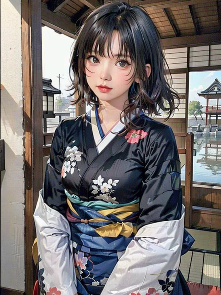 (highest quality、8k、32k、masterpiece)、(masterpiece, up to date,Exceptional:1.2), Anime, One girl,Front hair,black_hair, Beautiful 8k eyes,Looking_in_Audience,One person in,Are standing,((Very beautiful woman, Fuller lips, Japanese pintern kimono))、((Colorful Japanese kimono)))、(((Medium Shot)))、Blunt bung、(High resolution)、Very beautiful face and eyes、1 girl 、Round and small face、Narrow waist、delicine body、(highest quality high detail Rich skin details)、(highest quality、8k、Oil paints:1.2)、Very detailed、(Realistic、Realistic:1.37)、Bright colors、(((blackhair)))、(((longhair)))、(((cowboy pictures)))、((( Inside an old Japanese house)))、(masterpiece, highest quality, highest quality, Official Art, beautifully、aesthetic:1.2), (One girl), Very detailedな,(Fractal Art:1.3),colorful,Most detailed,Sengoku period(High resolution)、Very beautiful face and eyes、1 girl 、Round and small face、Tight waist、Delicine body、(highest quality high detail Rich skin details)、(highest quality、8k、Oil paints:1.2)、(Realistic、Realistic:1.37)、Greg Rutkowski Written by Alphonse Mucha Ropp, sun lips