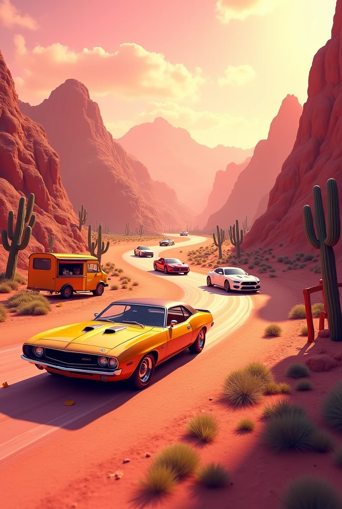 Create a twisty racing track with fashionable cars in the Mexican desert, they are driving forward in the background, the background of mountains, cacti. There is a playground in the foreground. Everything is in golden pink tones. On the front of that picture stays yellow food truck