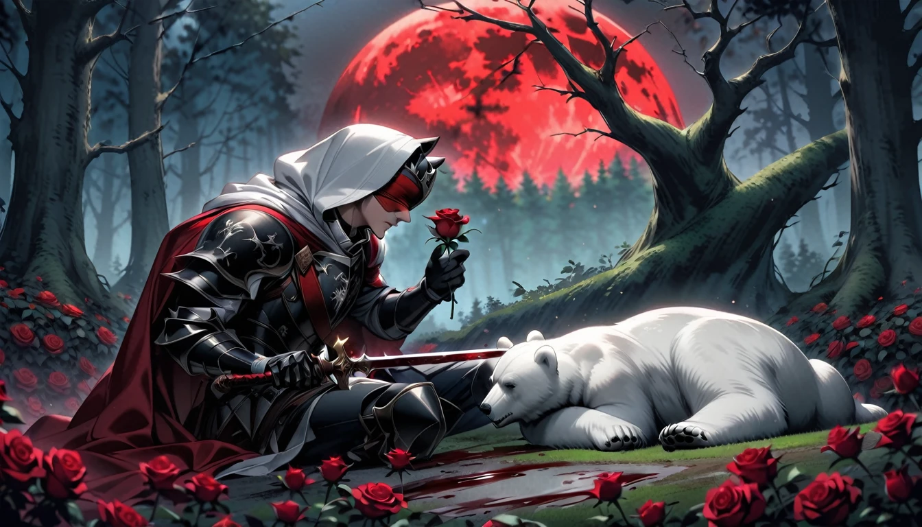 Male knight with a white hood with bear ears with sword behind his back sits on the ground towards a polar bear in a forest while the moon shines, many Roses cover the ground and lightning falls from the sky. The polar bear sleeps in front of the knight. Only the man wears a red blindfold. In the background of the picture is the blood moon and a tree has fallen down in the path. The forest is full of trees with leaves. The armor of the man is black and red roses decorate it. The knight has its sword in his hand.
