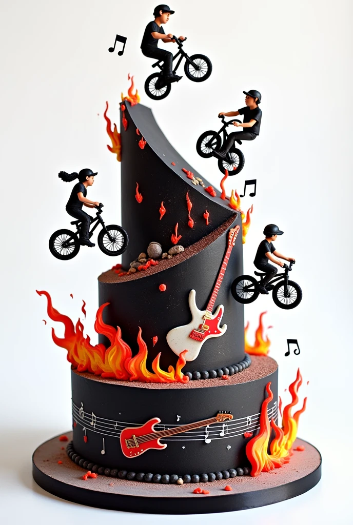 three-tier tilted cake: Floor 1: with images of fire and musical notes, floor 2: musical notes and electric guitar: floor 3: Young BMX stunts, black colors, White and red