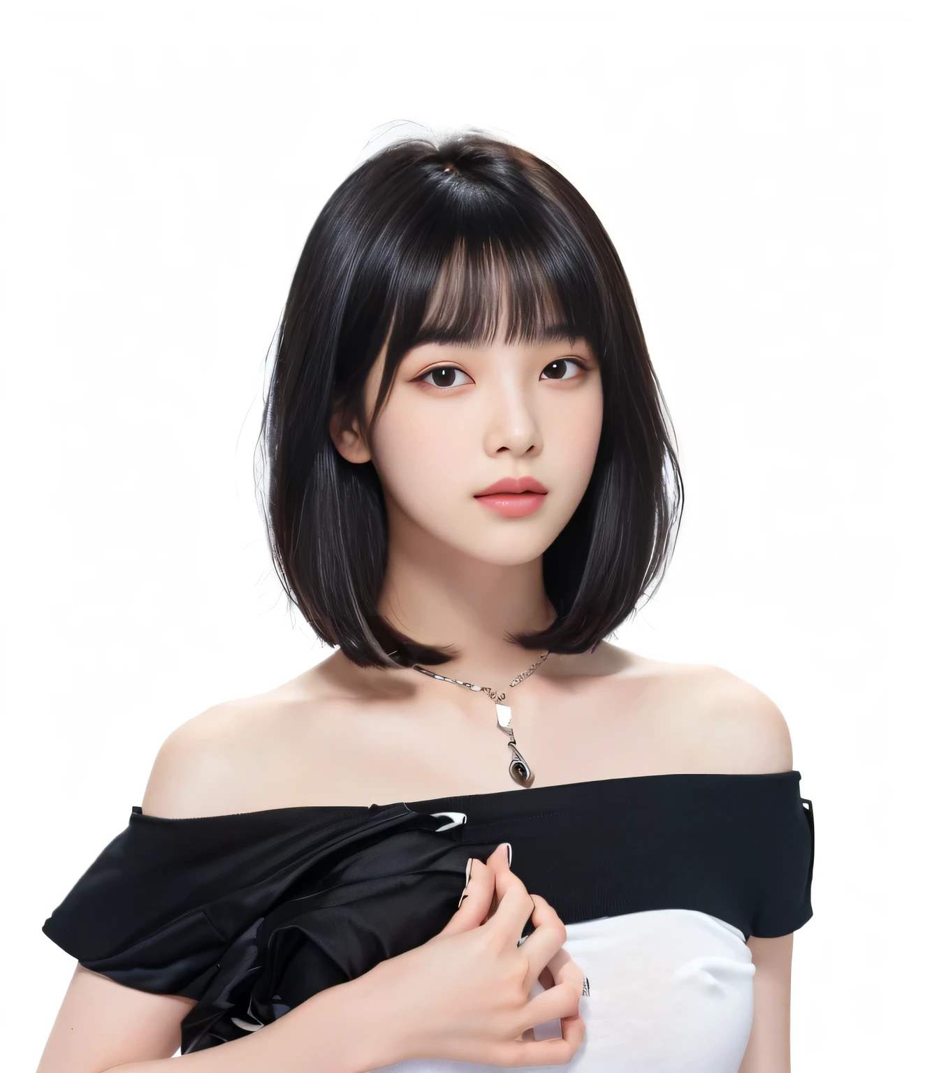 {Straight black hair、Blunt bangs、short hair:1.6}, {Top quality},,
BREAK, 1 Girls, age 18, white T-shirts, 35mm lens, f/1, cowboy shot, (white background: 1.3)
