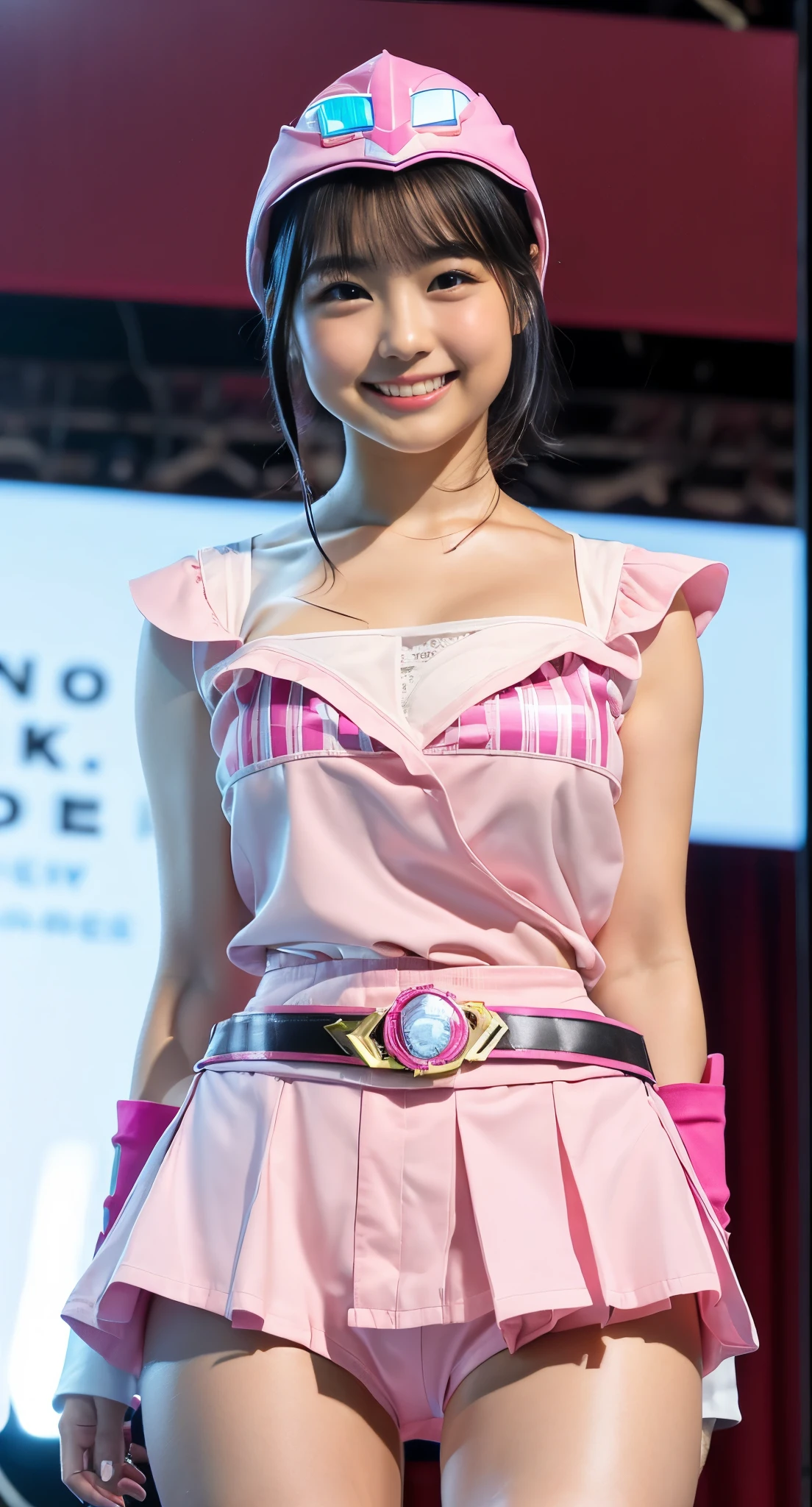 (8k、Raw photography、Highest quality、masterpiece:1.2),(Black Hair、Dark Eyes:1.9),(Pink Ranger costume:1.7)、View your viewers,Front view,White skin,(:1.4)、(Tight waist:1.6)、(Clothes that accentuate the shape of the breasts:1.4)、(Big Breasts :1.6)、Slim figure、Ultra-high resolution,beautiful,beautiful fece,(One person、No background:1.9),whole bodyボディー,Japanese women,(reality的:1.37)、Photon Mapping,reality、(Baby-faced and cute: 1.4)、(Cute Smile: 1.8)、(Round face: 1.8)、Radio City、Physically Based Rendering、Depth of field rally background、photograph, (I can see your knees、Thigh close-up:1.8),(:1.6),whole body、Great quality