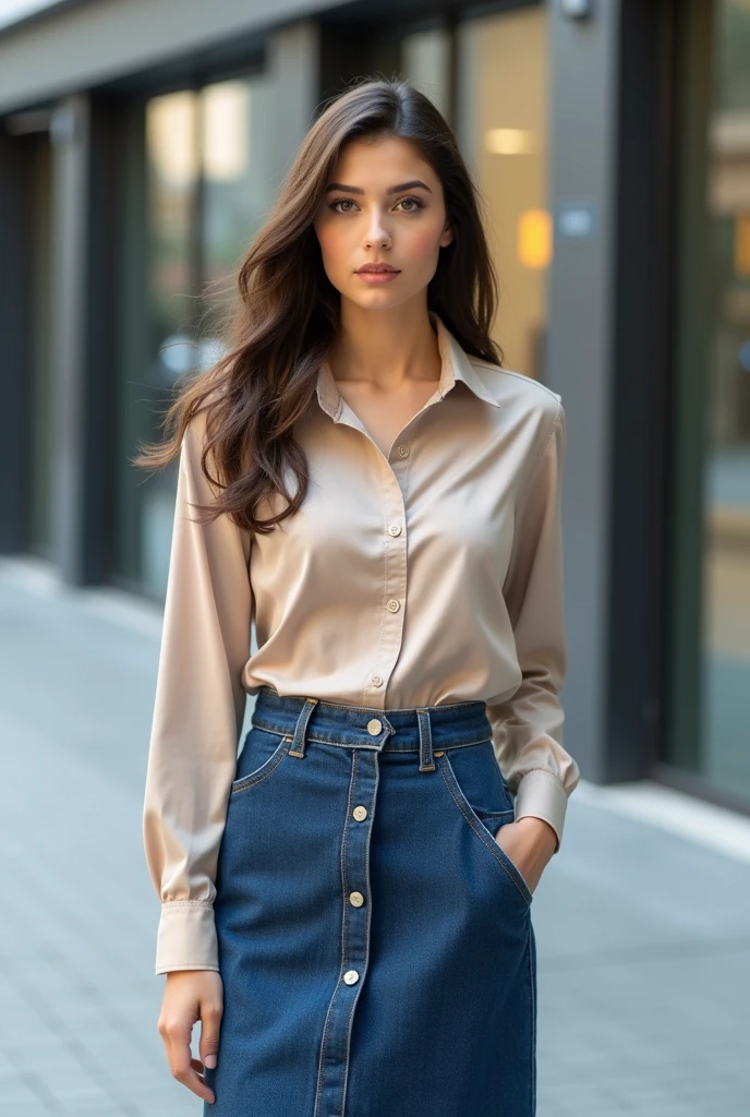 A woman dressed in a denim skirt and a formal shirt
