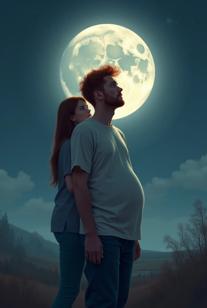 Creates the image of a strong red-haired man, dress casual clothes, a pregnant woman in the background at night with a big moon
