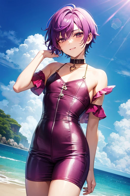 trans (a boy now), short bright purple hair, gay clothes (there/them, gay)