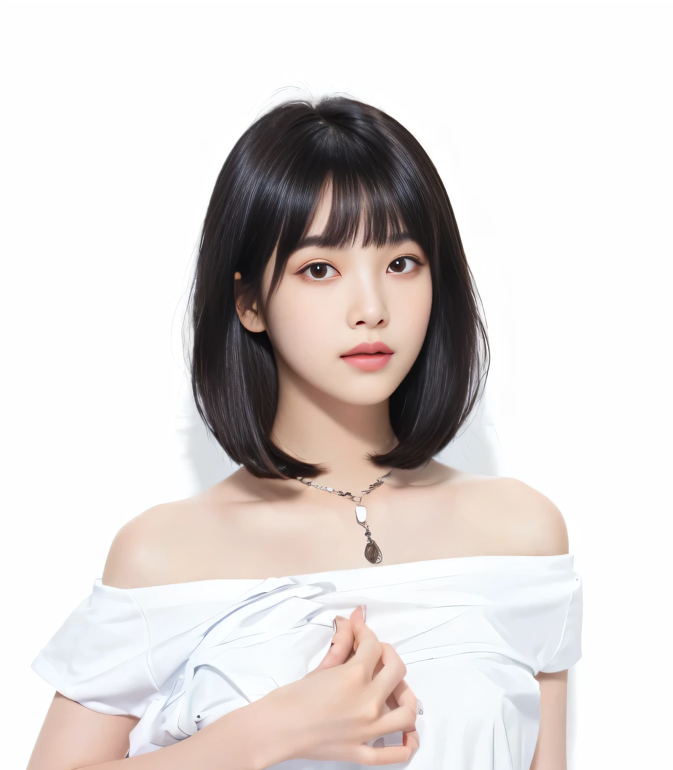 {Straight black hair、Blunt bangs、short hair:1.6}, {Top quality},,
BREAK, 1 Girls, age 18, white T-shirts, 35mm lens, f/1, cowboy shot, (white background: 1.3)
