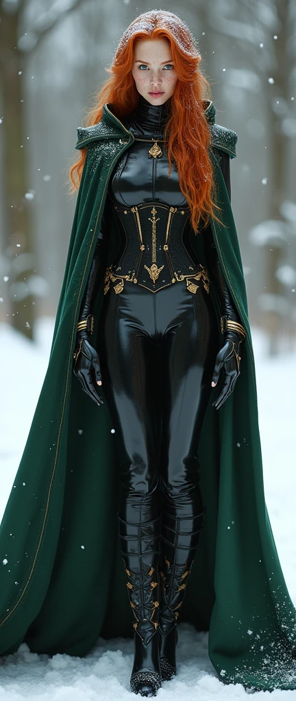 Young Triss merigold is wearing black latex wizard suit with a dark green cape and with golden details her ginger hair is covered in snow she has big and ass her suit is covered in snow she has freckles and green eyes she is wearing a tight dark corset she is wearing latex gloves her torso is slim and her ass and are fit she is wearing latex black thigh high boots with a high hells her suit has a lot of details