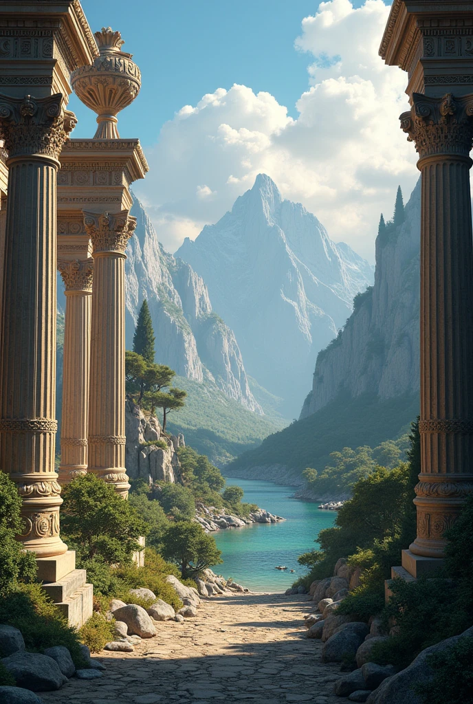 Backgrounds of mythological landscapes or Greek architectural details to contextualize the story.