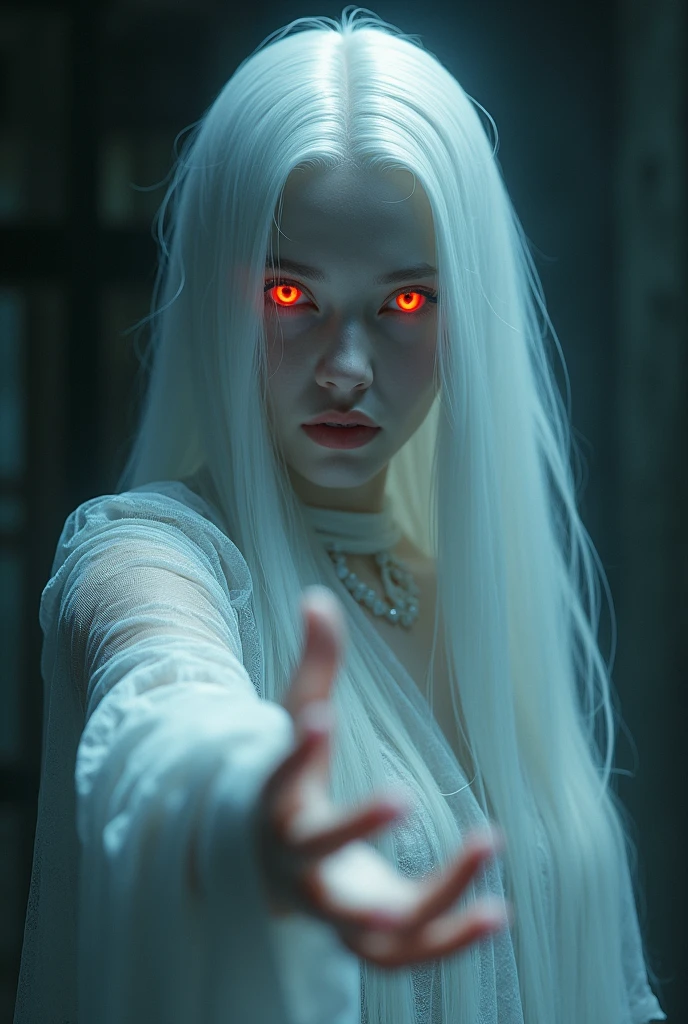 a beautiful ghostly woman, ultra-sexy, glowing red eyes, highly detailed, hands reaching towards the viewer, porcelain skin, long flowing white hair, elegant and ethereal, (best quality,4k,8k,highres,masterpiece:1.2),ultra-detailed,(realistic,photorealistic,photo-realistic:1.37),cinematic lighting,dramatic shadows,dark fantasy,dramatic pose,digital art