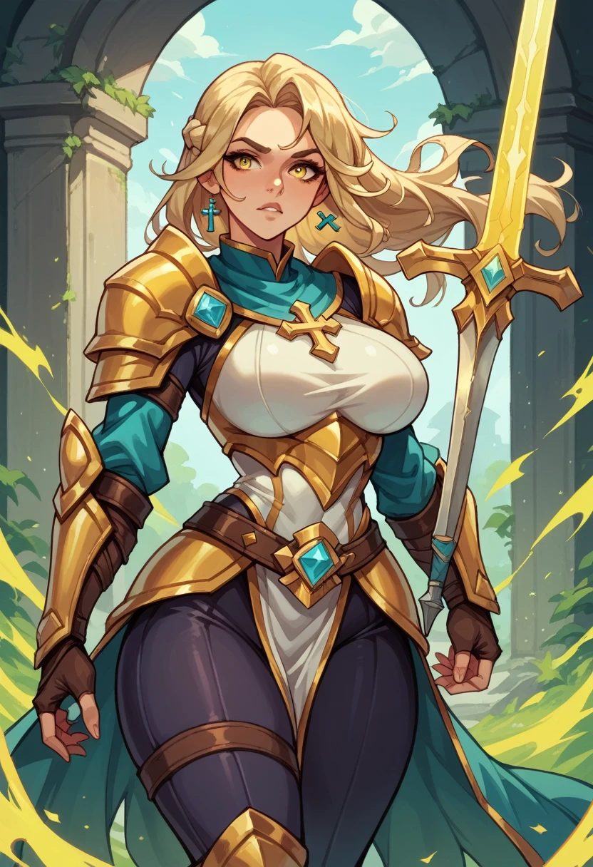 female, paladin, holy sword, cross, yellow magic, female, curves, tight clothes, armor, big breasts, wide hips, yellow eyes, blonde