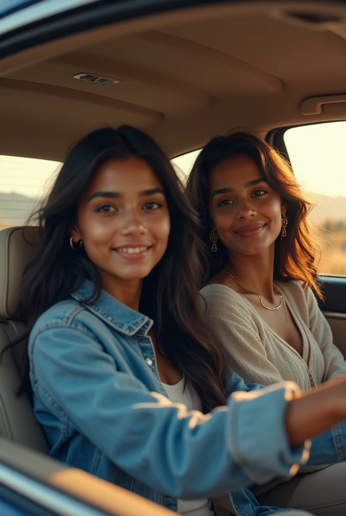 A 2 beautiful indian girl in blue denim jacket with long hair seating in car and driving