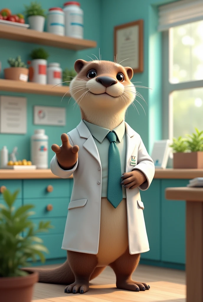 A male otter in a nutritionist&#39;s uniform in a doctor&#39;s office 