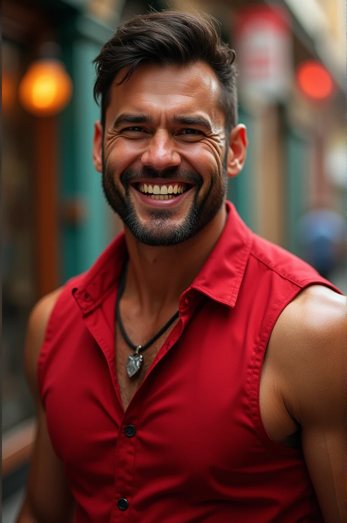 A man wearing a red sleeveless shirt. full body. masterpiece, High resolution, retina, quality, High details, bokeh, Hyperrealism, The best quality, smile, happy, Fangs,