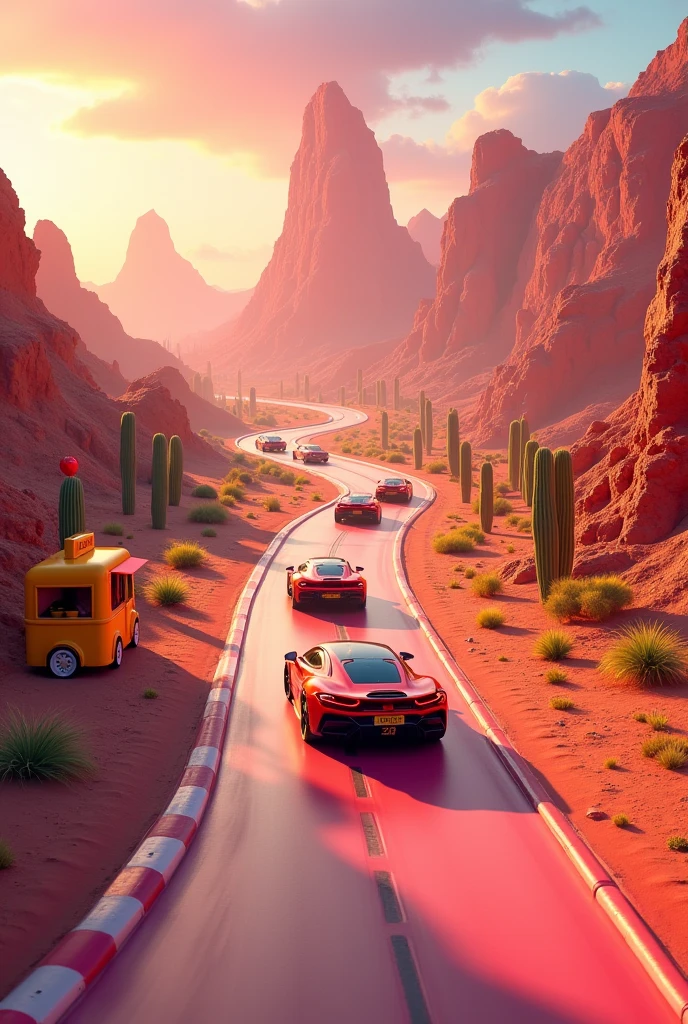 Create a twisty racing track with fashionable cars in the Mexican desert, they are driving forward in the background, the background of mountains, cacti. There is a playground in the foreground. Everything is in golden pink tones. On the front of that picture stays yellow food truck