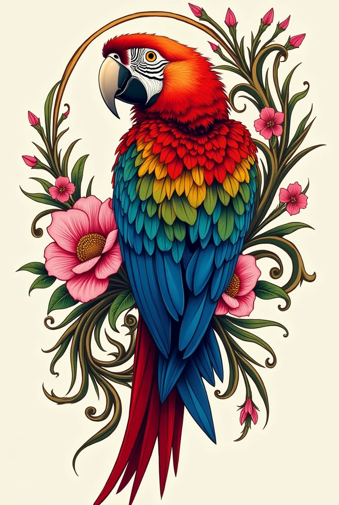 Macaw tattoo, tatoo, with arabesques highlighted, More Detailed, Improve, em desenho para tatoo, with arabesques on the sides, with more colorful details, with pink flowers, emphasis on the colorful rooster