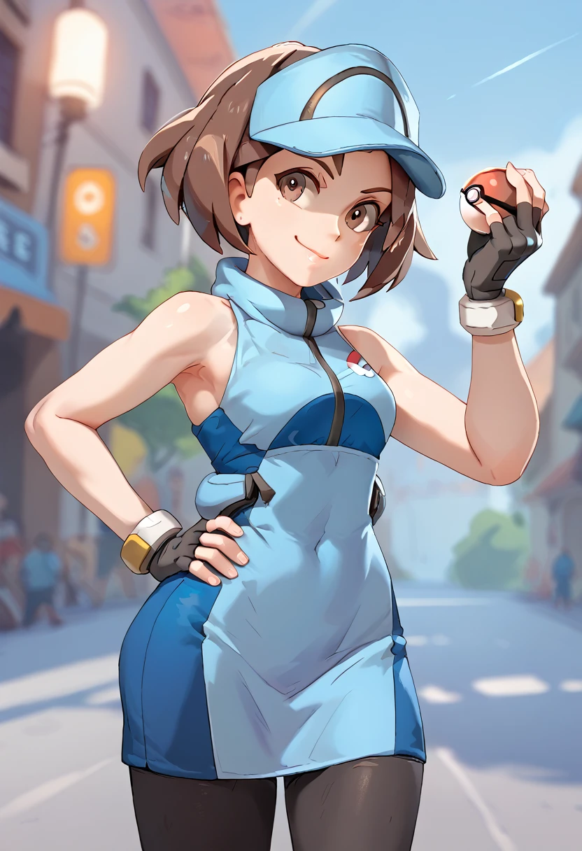 overwatch, 3d, cgi, Ace_trainer (pokemon), acetrainer, short brown hair, bike short,blue two tone sleeveless short dress, fingerless gloves, headwear, smile, holding pokeball, standing, hand on hip