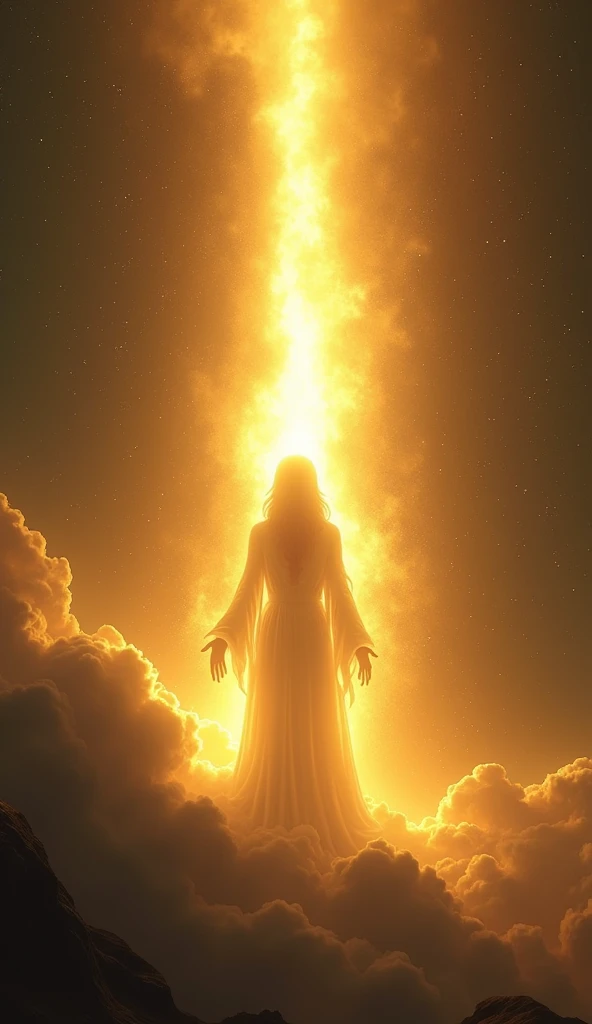 The sky opens in glory: Imagine a deep night sky, dotted with bright stars, which slowly begins to open into a ray of radiant golden light. In the center of this light, a majestic and imposing figure begins to emerge, with vaguely defined contours, but which make clear the power and authority that emanate from it. The light around becomes more intense, as if the universe itself was being illuminated by your presence.