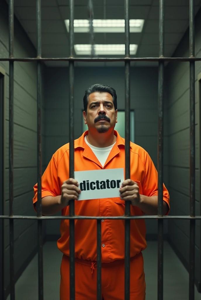 Nicolás Maduro dressed in orange prison clothes in a jail and a sign that says DICTATOR