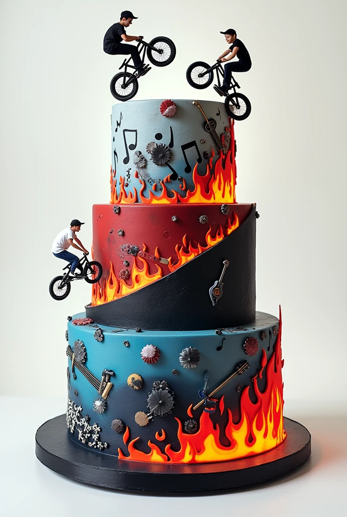 three-tier tilted cake: Floor 1: with images of fire and musical notes, floor 2: musical notes and electric guitar: floor 3: Young BMX stunts, black colors, White and red