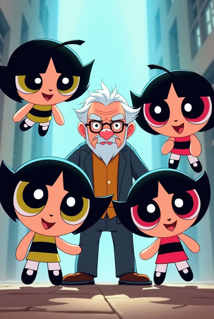 5 Powerpuff Girls and an Old White-Haired Teacher, girls have to have dark hair, two of them straight hair and 3 curly hair 