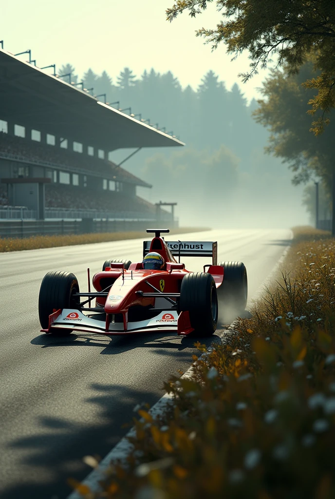 Old abandoned Hockenheim circuit with a Ferrari Formula 1 driving there from 2000