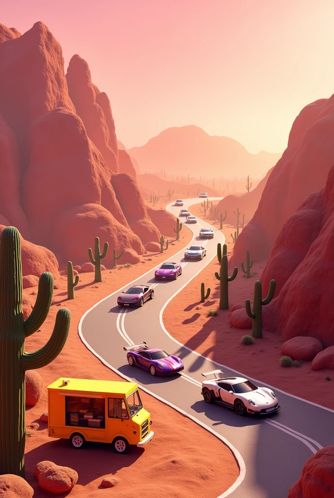 Create a twisty racing track with fashionable cars in the Mexican desert, they are driving forward in the background, the background of mountains, cacti. There is a playground in the foreground. Everything is in golden pink tones. On the front of that picture stays yellow food truck