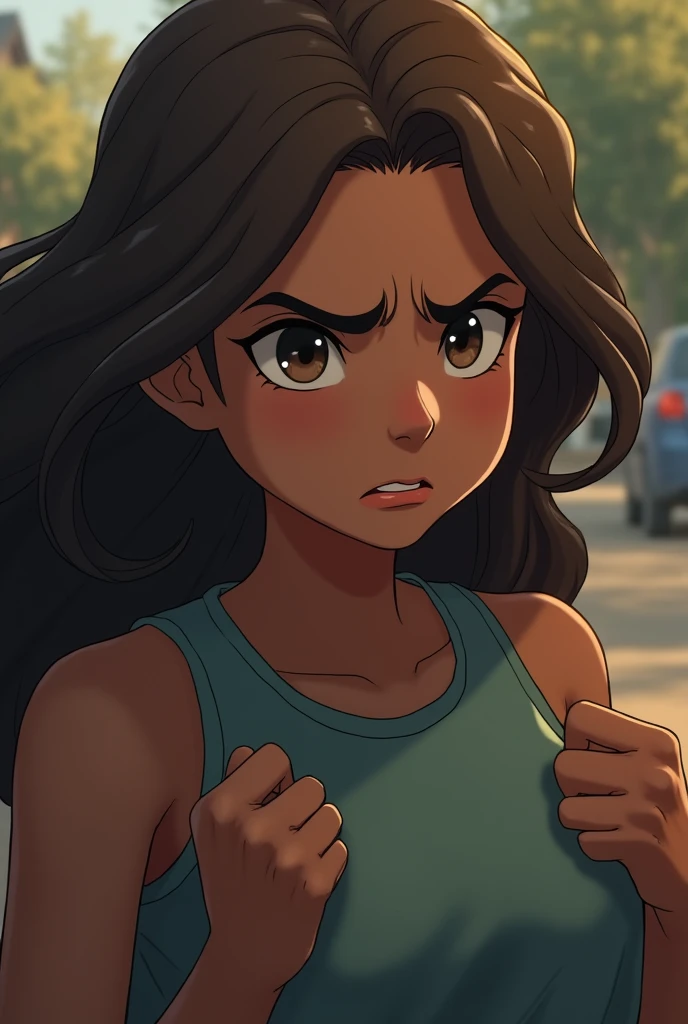 An 11 year old girl with brown skin and brown eyes and brown hair ignored an boy with black hair and black skin because he said she bothers him and she is angry because of that