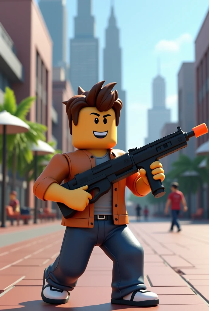 (photorealism:1.2), Personnage roblox qui s'amuse avec de faux pistolet