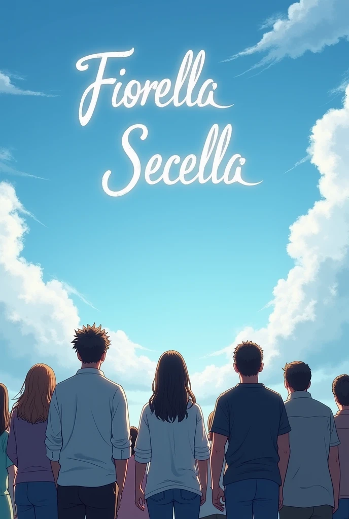 I want a photo of a group of people looking at the sky.
And in the clouds the names of two deceased people written in Spanish. "Fiorella" and "Second Painted"