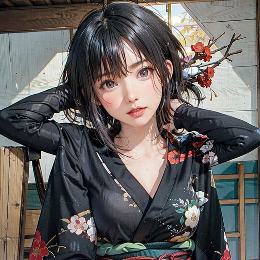 (highest quality、8k、32k、masterpiece)、(masterpiece, up to date,Exceptional:1.2), Anime, One girl,Front hair,black_hair, Beautiful 8k eyes,Looking_in_Audience,One person in,Are standing,((Very beautiful woman, Fuller lips, Japanese pintern kimono))、((Colorful Japanese kimono)))、(((Medium Shot)))、Blunt bung、(High resolution)、Very beautiful face and eyes、1 girl 、Round and small face、Narrow waist、delicine body、(highest quality high detail Rich skin details)、(highest quality、8k、Oil paints:1.2)、Very detailed、(Realistic、Realistic:1.37)、Bright colors、(((blackhair)))、(((longhair)))、(((cowboy pictures)))、((( Inside an old Japanese house)))、(masterpiece, highest quality, highest quality, Official Art, beautifully、aesthetic:1.2), (One girl), Very detailedな,(Fractal Art:1.3),colorful,Most detailed,Sengoku period(High resolution)、Very beautiful face and eyes、1 girl 、Round and small face、Tight waist、Delicine body、(highest quality high detail Rich skin details)、(highest quality、8k、Oil paints:1.2)、(Realistic、Realistic:1.37)、Greg Rutkowski Written by Alphonse Mucha Ropp, sun lips