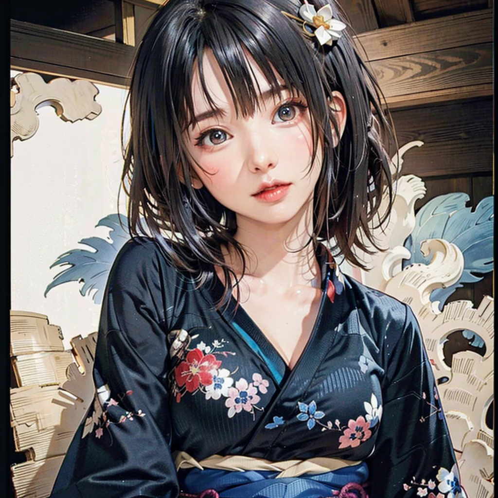 (highest quality、8k、32k、masterpiece)、(masterpiece, up to date,Exceptional:1.2), Anime, One girl,Front hair,black_hair, Beautiful 8k eyes,Looking_in_Audience,One person in,Are standing,((Very beautiful woman, Fuller lips, Japanese pintern kimono))、((Colorful Japanese kimono)))、(((Medium Shot)))、Blunt bung、(High resolution)、Very beautiful face and eyes、1 girl 、Round and small face、Narrow waist、delicine body、(highest quality high detail Rich skin details)、(highest quality、8k、Oil paints:1.2)、Very detailed、(Realistic、Realistic:1.37)、Bright colors、(((blackhair)))、(((longhair)))、(((cowboy pictures)))、((( Inside an old Japanese house)))、(masterpiece, highest quality, highest quality, Official Art, beautifully、aesthetic:1.2), (One girl), Very detailedな,(Fractal Art:1.3),colorful,Most detailed,Sengoku period(High resolution)、Very beautiful face and eyes、1 girl 、Round and small face、Tight waist、Delicine body、(highest quality high detail Rich skin details)、(highest quality、8k、Oil paints:1.2)、(Realistic、Realistic:1.37)、Greg Rutkowski Written by Alphonse Mucha Ropp, sun lips