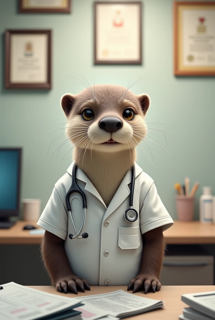 A young male otter in a nutritionist&#39;s uniform in a doctor&#39;s office 