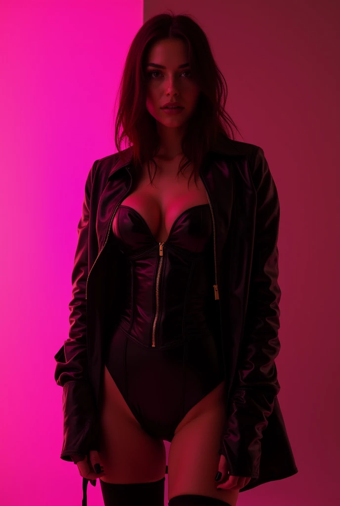 Woman in black latex dress posing, dressed in black skin, black skin, very sexy outfit, skin, skin body suit, in a skin corset, skin top, Sexy dress, dressed in black, portrait half pink, sexy look, dressed in skin jacket, revealing outfit, sexy outfit, wearing a full skin outfit, half pink