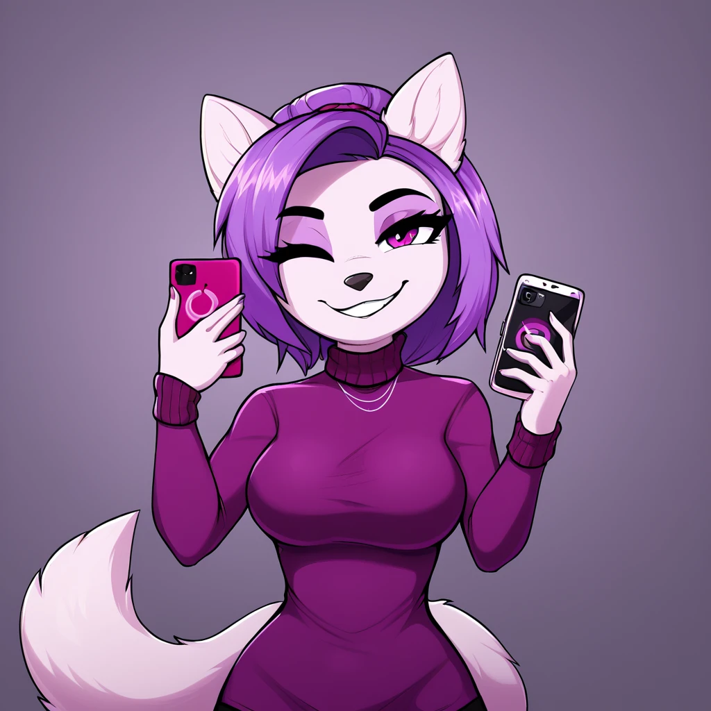 Anthropomorphic character, female, perfectbody, simple background, looking at the viewer, smug smile, one eye closed, one hand on the waist, holding a cell phone, cool clothes, Some accessories, longye hair, hypdertailed, bangss, anatomically correcte, high resolution