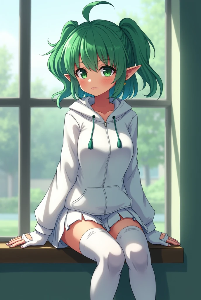 Tall anime attractive girl with green short and fluffy hair in front and green long hair in back to the ears with darker complexion with chubby cheeks with white hoodie and white long pants with white knee-high sock with earrings in ears sitting on the windowsill at school with medium boobs with elf ears with green eyes with gloves with holes