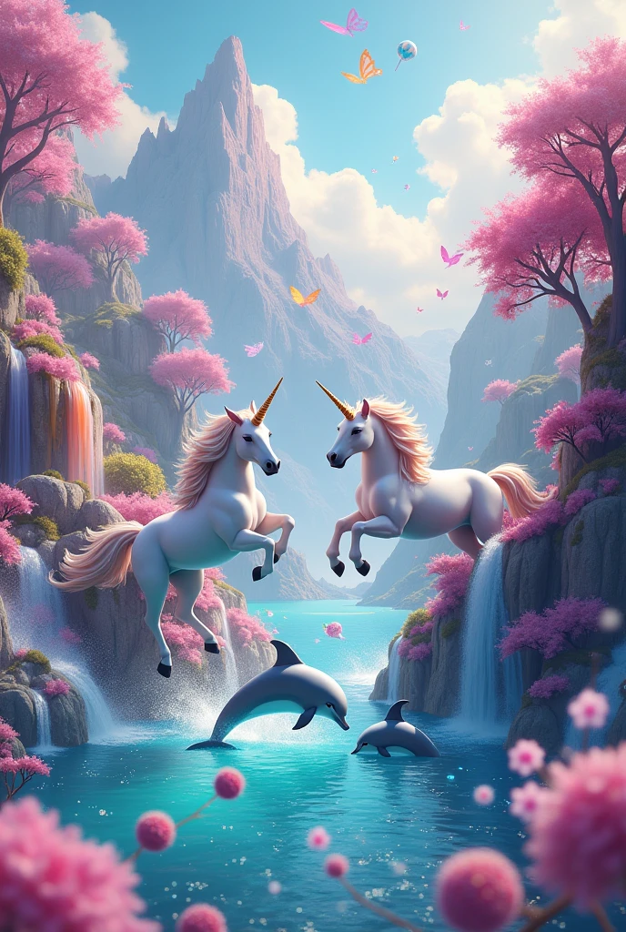 Unicorns with dolphins on a mountain of colors and rainbows, lots of sweets