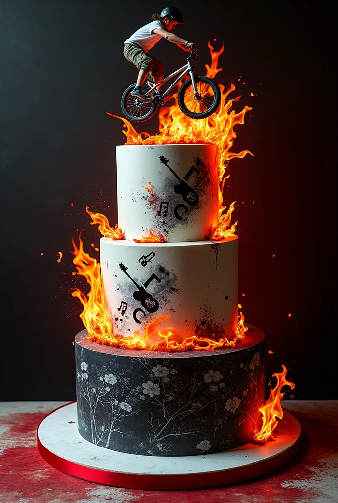 three-tier tilted cake: with images of fire and musical notes, musical notes and electric guitar: Young BMX stunts, black colors, White and red