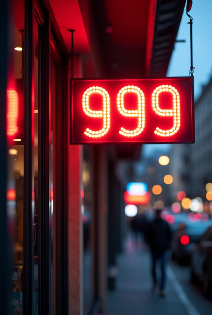 A sign with LED lights hanging on the door of a shop on the street containing the number 999