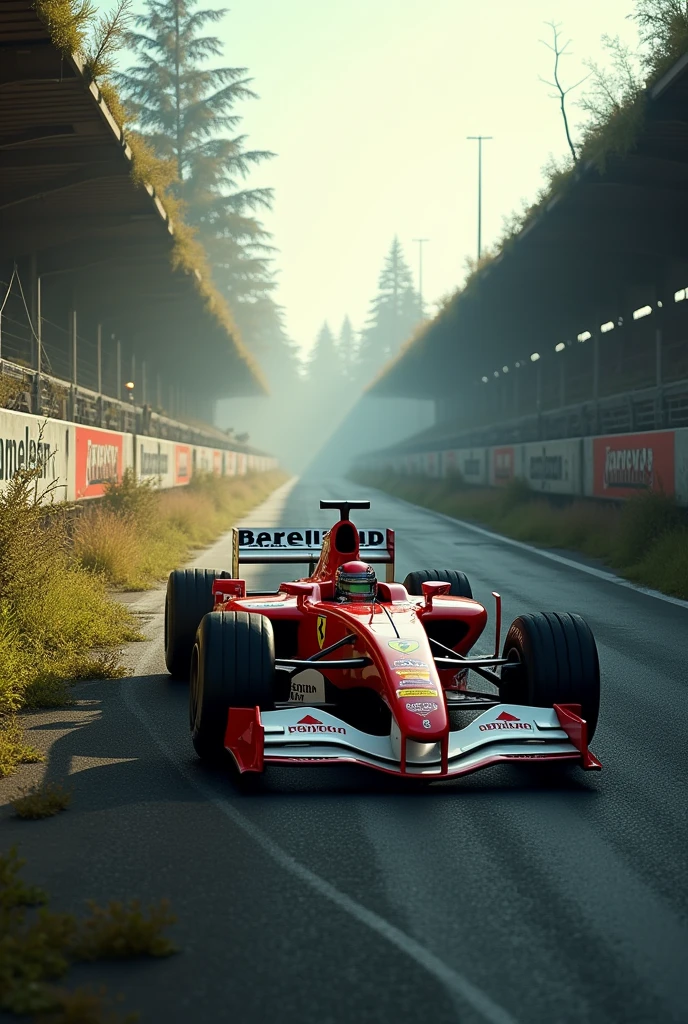 Old abandoned Hockenheim circuit with a Ferrari Formula 1 driving there from 2000