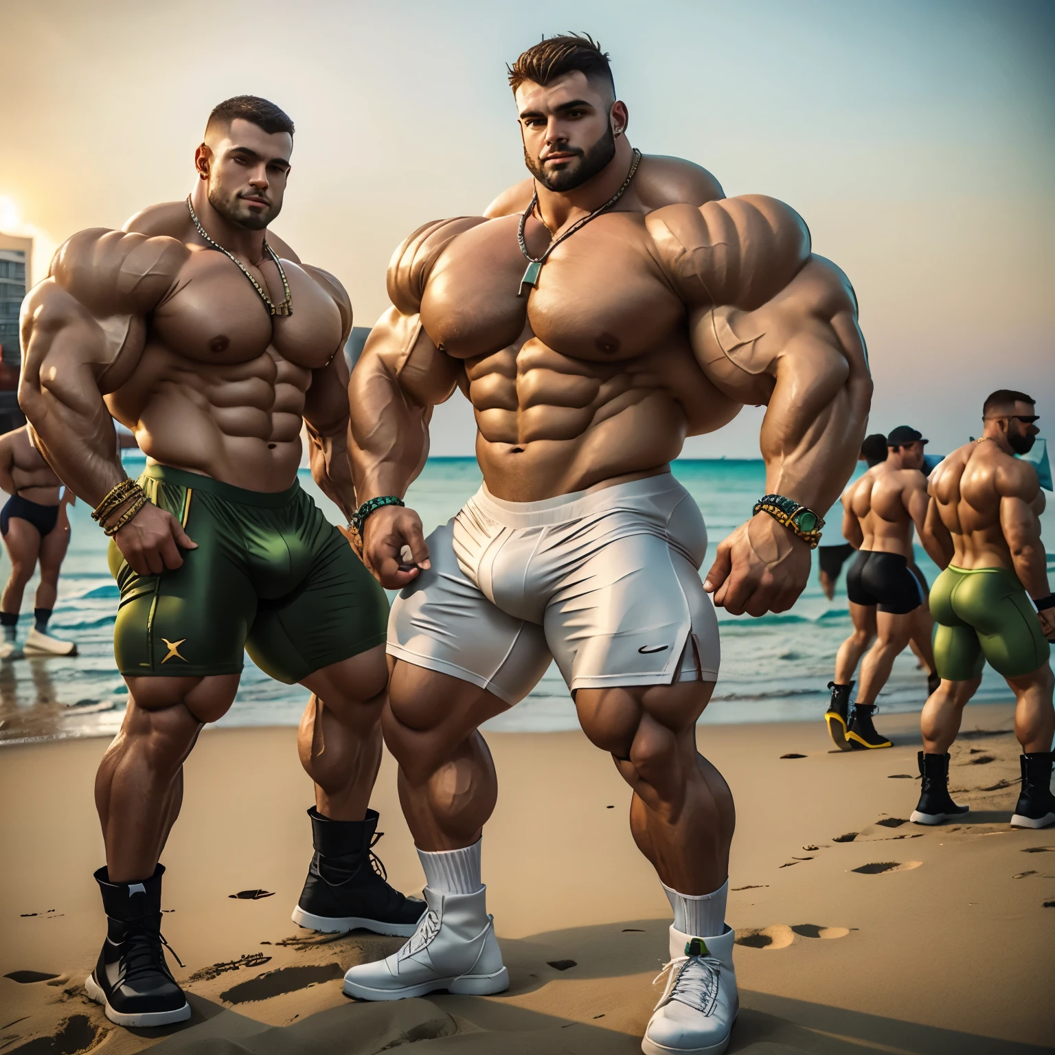 full view full body, 2 buzzcut white bodybuilder over-muscular men, wearing olive-green lycra cyclist shorts, golden rings, necklaces, bracelets, white high pulled-up 'OverPed' long socks, olive-green steel toe fashion chunky boots, dancing at a beach party in Miami, at dusk, with many guys in various different outfits dancing around, drinking beers, large view on beach