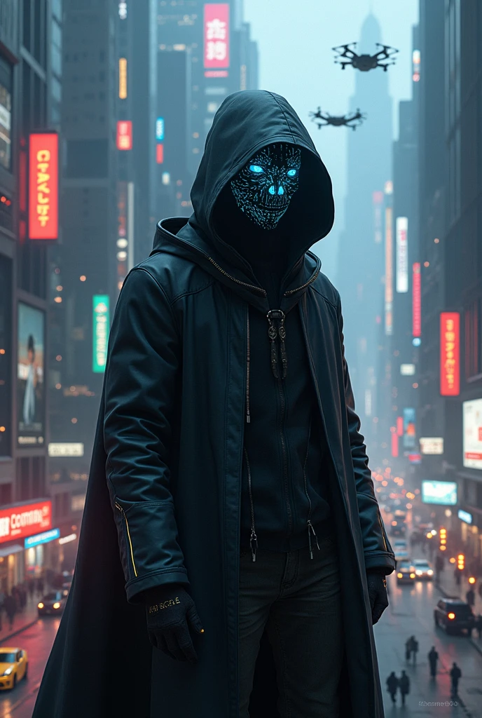 A realistic cypherpunk character standing in front of a sprawling futuristic city at night. The character is wearing a dark, high-tech hooded cloak that obscures part of their face, giving them a mysterious and enigmatic appearance. The cloak is made of advanced materials with subtle glowing lines and circuits. Their face is covered by a sleek, hightech creepy mask with glowing digital parts. The city in the background is filled with towering skyscrapers, neon lights, and holographic advertisements, reflecting a cyberpunk aesthetic. The streets below are bustling with activity, featuring flying cars and pedestrians, while the sky is filled with drones and digital billboards. The overall atmosphere is dark, moody, and intense, highlighting the character's role in this high-tech dystopian world.
