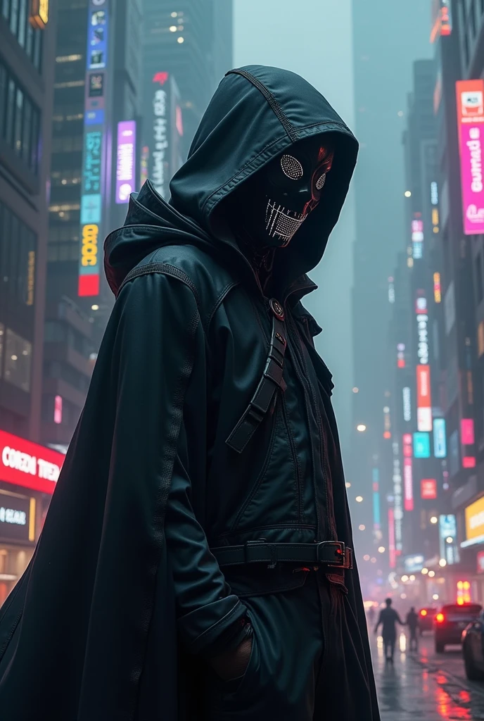 A realistic cypherpunk character standing in front of a sprawling futuristic city at night. The character is wearing a dark, high-tech hooded cloak that obscures part of their face, giving them a mysterious and enigmatic appearance. The cloak is made of advanced materials with subtle glowing lines and circuits. Their face is covered by a sleek, hightech creepy mask with glowing digital parts. The city in the background is filled with towering skyscrapers, neon lights, and holographic advertisements, reflecting a cyberpunk aesthetic. The streets below are bustling with activity, featuring flying cars and pedestrians, while the sky is filled with drones and digital billboards. The overall atmosphere is dark, moody, and intense, highlighting the character's role in this high-tech dystopian world.