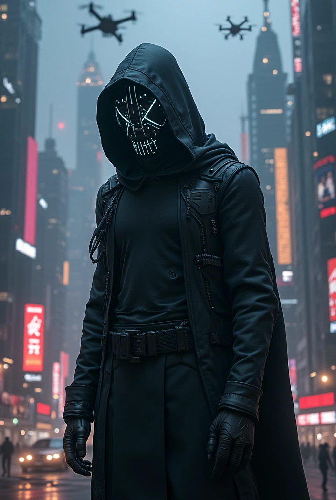 A realistic cypherpunk character standing in front of a sprawling futuristic city at night. The character is wearing a dark, high-tech hooded cloak that obscures part of their face, giving them a mysterious and enigmatic appearance. The cloak is made of advanced materials with subtle glowing lines and circuits. Their face is covered by a sleek, hightech creepy mask with glowing digital parts. The city in the background is filled with towering skyscrapers, neon lights, and holographic advertisements, reflecting a cyberpunk aesthetic. The streets below are bustling with activity, featuring flying cars and pedestrians, while the sky is filled with drones and digital billboards. The overall atmosphere is dark, moody, and intense, highlighting the character's role in this high-tech dystopian world.
