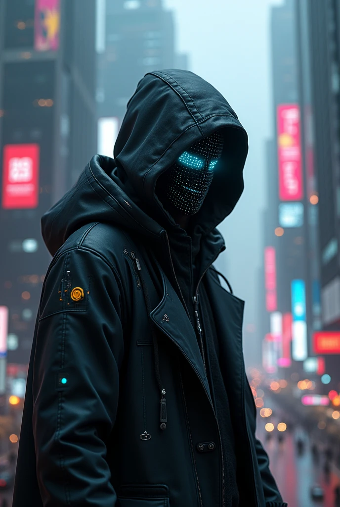 A realistic cypherpunk character standing in front of a sprawling futuristic city at night. The character is wearing a dark, high-tech hooded cloak that obscures part of their face, giving them a mysterious and enigmatic appearance. The cloak is made of advanced materials with subtle glowing lines and circuits. Their face is covered by a sleek, hightech creepy mask with glowing digital parts. The city in the background is filled with towering skyscrapers, neon lights, and holographic advertisements, reflecting a cyberpunk aesthetic. The streets below are bustling with activity, featuring flying cars and pedestrians, while the sky is filled with drones and digital billboards. The overall atmosphere is dark, moody, and intense, highlighting the character's role in this high-tech dystopian world.

