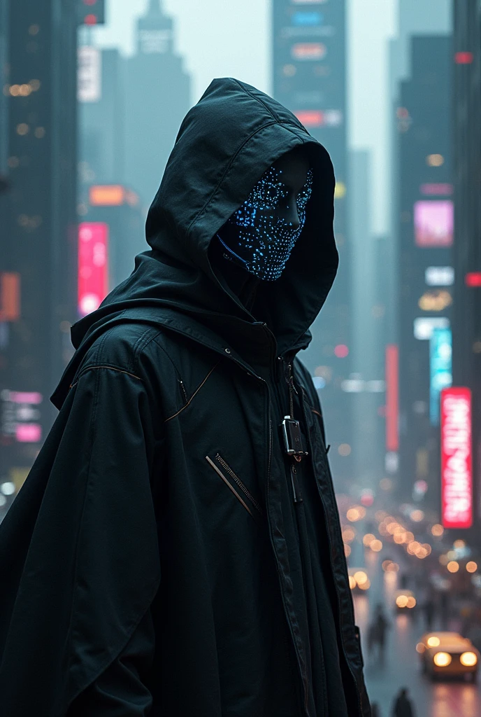 A realistic cypherpunk character standing in front of a sprawling futuristic city at night. The character is wearing a dark, high-tech hooded cloak that obscures part of their face, giving them a mysterious and enigmatic appearance. The cloak is made of advanced materials with subtle glowing lines and circuits. Their face is covered by a sleek, hightech creepy mask with glowing digital parts. The city in the background is filled with towering skyscrapers, neon lights, and holographic advertisements, reflecting a cyberpunk aesthetic. The streets below are bustling with activity, featuring flying cars and pedestrians, while the sky is filled with drones and digital billboards. The overall atmosphere is dark, moody, and intense, highlighting the character's role in this high-tech dystopian world.