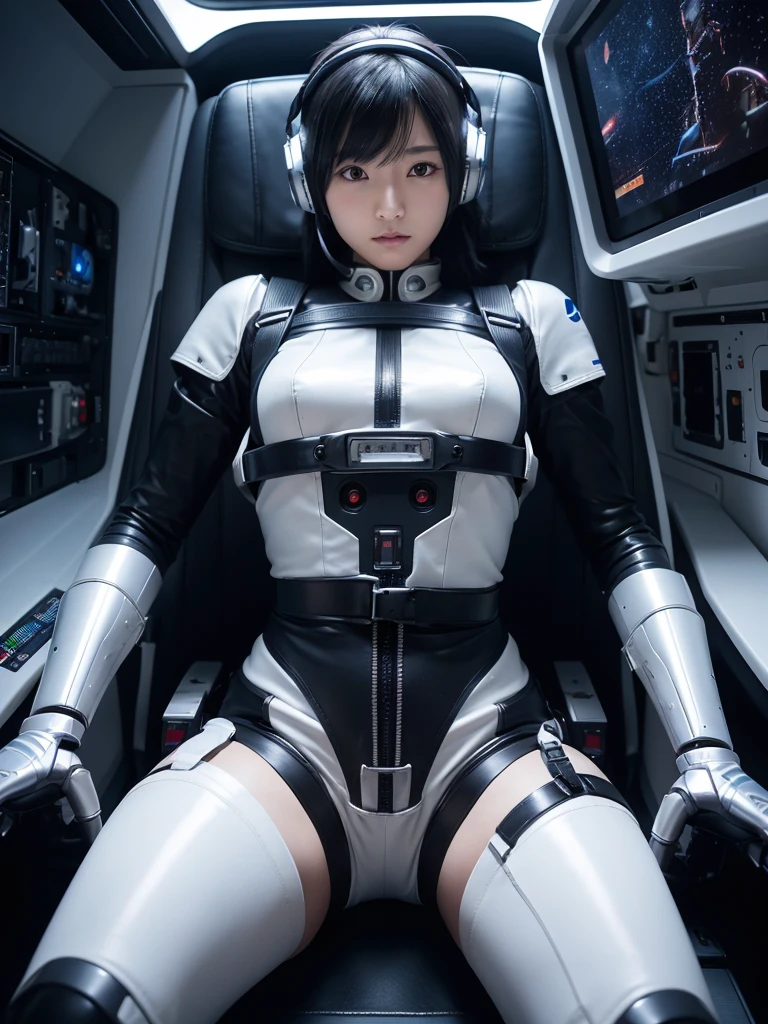masterpiece, Highest quality, Very detailed, Japanese Android girl, Beautiful 2 Japanese woman, Plump,Control panel,Android,cyborg,Blunt bangs,Sitting in the cockpit of a spaceship and piloting it,There's a joystick between her legs,astronaut,Thick harness belt,Full-face helmet,