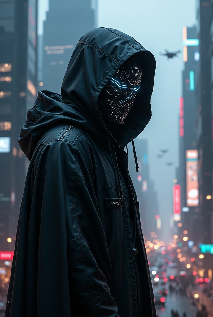 A realistic cypherpunk character standing in front of a sprawling futuristic city at night. The character is wearing a dark, high-tech hooded cloak that obscures part of their face, giving them a mysterious and enigmatic appearance. The cloak is made of advanced materials with subtle glowing lines and circuits. Their face is covered by a sleek, hightech creepy mask with glowing digital parts. The city in the background is filled with towering skyscrapers, neon lights, and holographic advertisements, reflecting a cyberpunk aesthetic. The streets below are bustling with activity, featuring flying cars and pedestrians, while the sky is filled with drones and digital billboards. The overall atmosphere is dark, moody, and intense, highlighting the character's role in this high-tech dystopian world.

