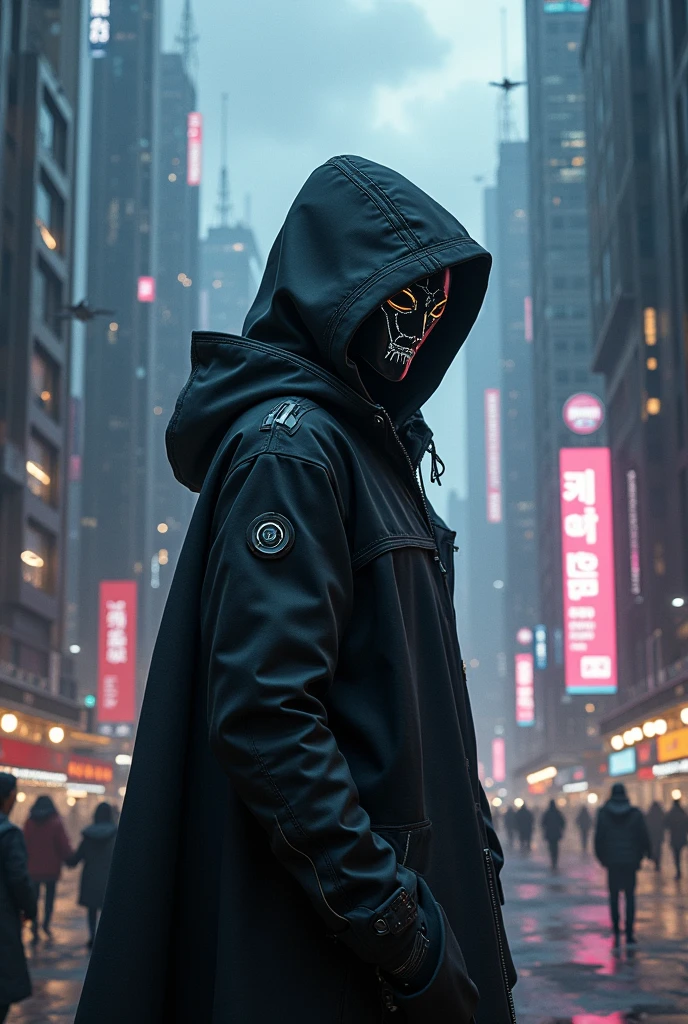 A realistic cypherpunk character standing in front of a sprawling futuristic city at night. The character is wearing a dark, high-tech hooded cloak that obscures part of their face, giving them a mysterious and enigmatic appearance. The cloak is made of advanced materials with subtle glowing lines and circuits. Their face is covered by a sleek, hightech creepy mask with glowing digital parts. The city in the background is filled with towering skyscrapers, neon lights, and holographic advertisements, reflecting a cyberpunk aesthetic. The streets below are bustling with activity, featuring flying cars and pedestrians, while the sky is filled with drones and digital billboards. The overall atmosphere is dark, moody, and intense, highlighting the character's role in this high-tech dystopian world.
