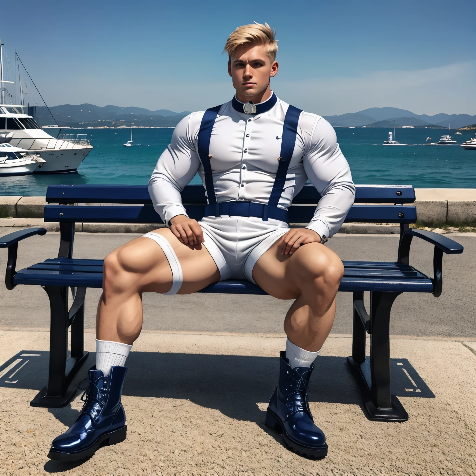 full body view, a blond young musuclar man wearing a sailor suit made out of tight navy blue and white rubber and a steel collar, in white socks and navy blue shiny gummy boots with big round steel toes, fashion haircut with spikes, sitting on a bench on the pontoon of the marina of Antibes, showing off his boots and white socks, realistic photo